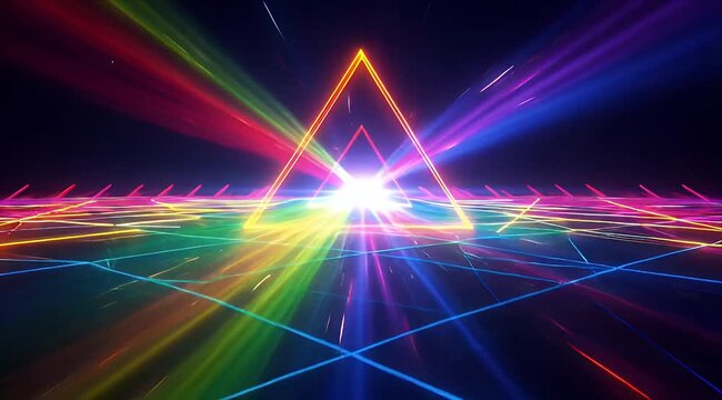 Pride neon triangle laser light rainbow color futuristic background glowing prism abstract geometry energy beam tunnel digital art vibrant spectrum pyramid landscape neon grid colorful glow sci fi