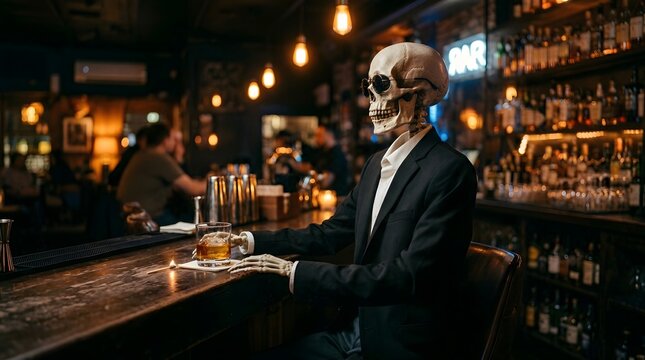 A skeleton in a suit sitting at a dimly lit bar with a whiskey on the rocks