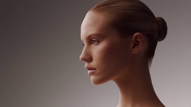 Elegant supermodel turning head to profile in slow motion studio portrait with soft lighting