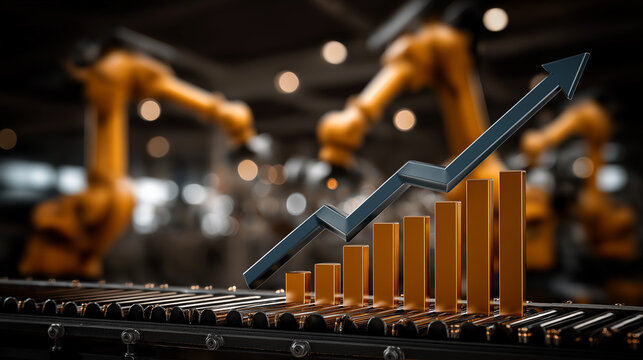 Industrial Growth: A 3D rendering illustrating industrial growth, featuring a rising graph and robotic arms on a factory floor, symbolizing progress and increased productivity.