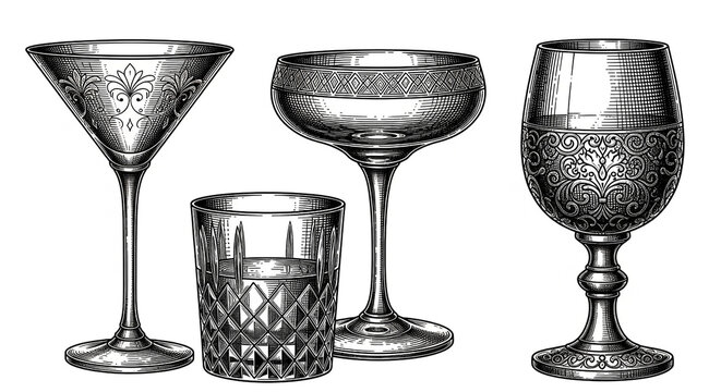 Graphic collection of elegant etched stemware and tumbler drinking glasses vector illustration with glassware drinking illustration beverage