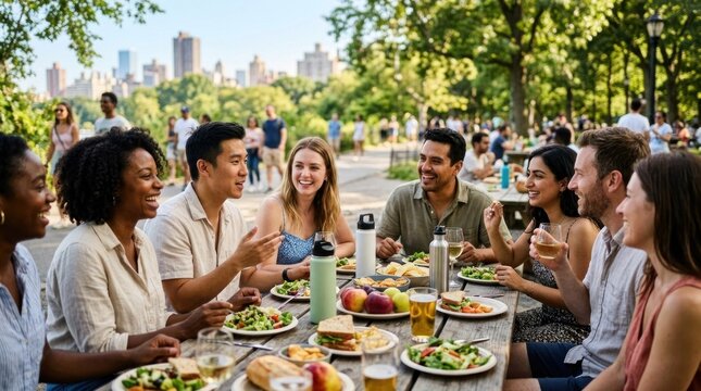 A group of people enjoying a picnic in a park, with a city skyline in the background.