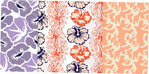 floral hibiscus patterns three variations in different color schemes © Mamata