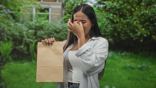 Woman holding paper bag pinches her nose while shielding face in building garden yard; odor disgust.