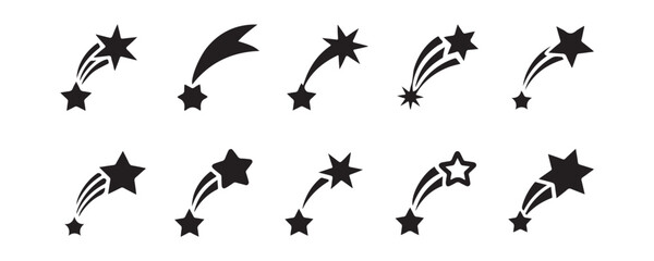 Shooting star icons set. comet and falling star symbols, trail effect, celestial objects with motion. © Sumon