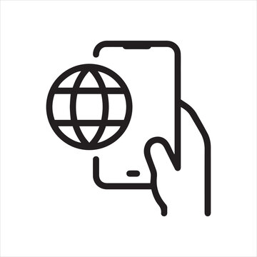 Global mobile connection line icon vector. Smartphone with world globe silhouette. International roaming and internet concept.