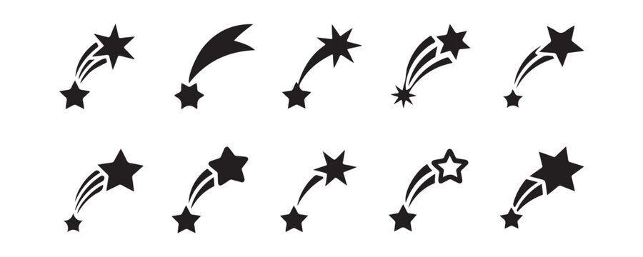 Shooting star icons set. comet and falling star symbols, trail effect, celestial objects with motion.