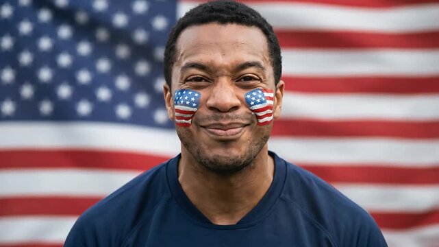 Expressive man with American flag face paint shouting and smiling in front of the US flag backdrop