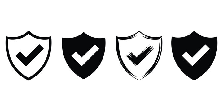 Set of four black shield icons with check mark symbols on transparent background vector