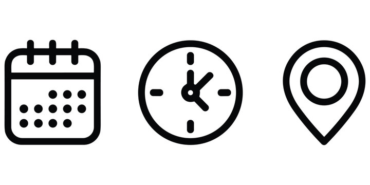 Calendar clock and location pin icons in black outline on transparent background vector
