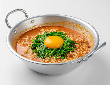 음식-라면-인스턴트 라면-한국 라면-매운 라면-국물 라면-냄비-양은 냄비-양은 냄비 라면-파 토핑-계란 노른자-밝은 회색 배경