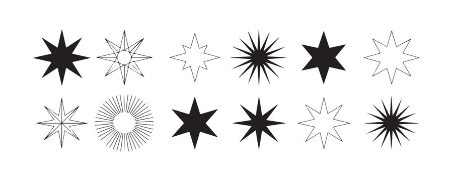 Collection of various star shapes and artistic sparkle symbols in black color for creative design.