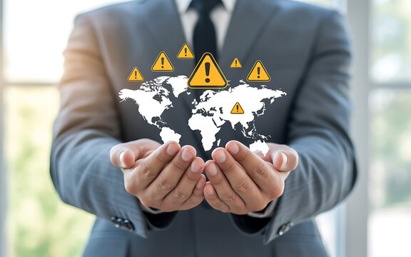 Hands cupping world map with glowing warning triangle icons for global risk and crisis management