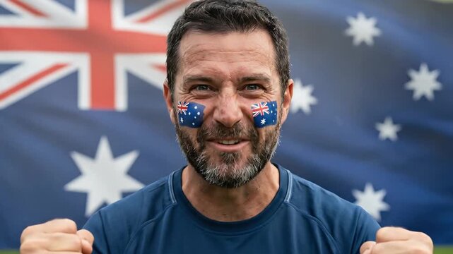 Vibrant expressions of Australian pride featuring enthusiastic man with face paint and national flag backdrop capturing