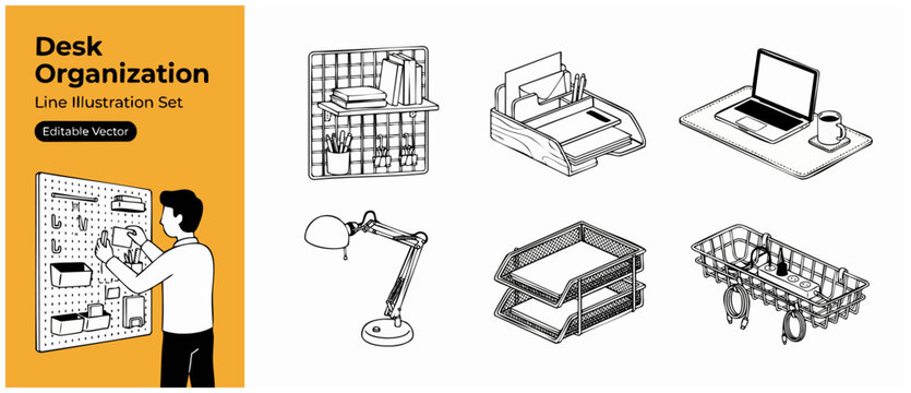 Desk organization line vector icons set showing office workspace storage, pegboard organizing, desk lamp, document trays, laptop, and under-desk cable management basket for clean productive work.