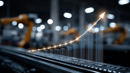 Obraz premium Industrial Growth: A futuristic 3D visualization showcases a soaring upward trend of bars and an arrow, symbolizing industrial growth and advancement.