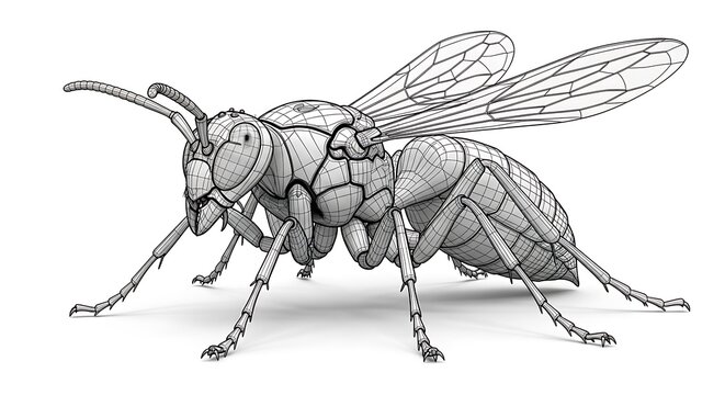 3d wireframe model of a wasp isolated on white background