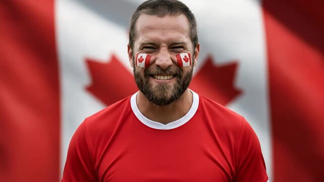 Joyful man celebrating with canadian flag face paint and red shirt in front of canadian flag backdrop
