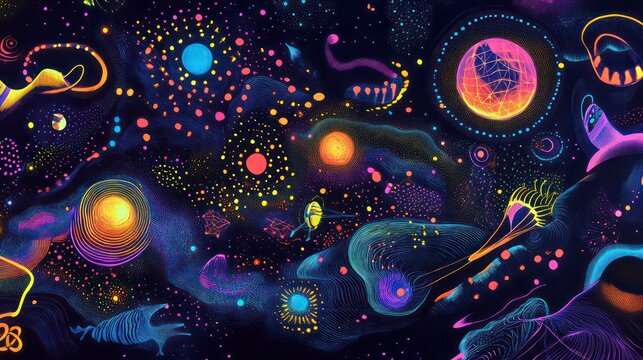 Abstract psychedelic neon artwork with glowing lines, planets and stars on a black background.