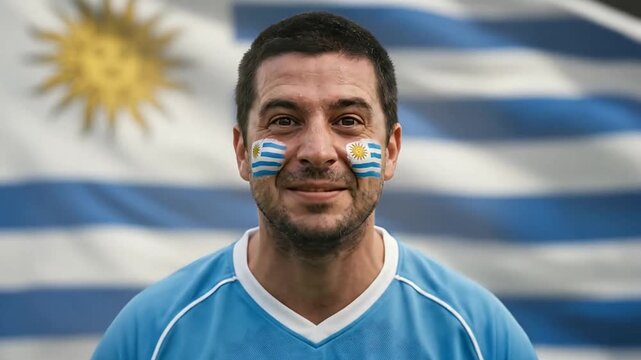 Expressive athlete showing various emotions in front of the uruguay flag in vibrant sports images