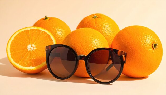 A pair of fashionable tortoise-shell sunglasses rests before a cluster of ripe oranges