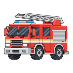 Fototapeta premium Red Fire Truck with Ladder and Blue Lights, Cartoon Style