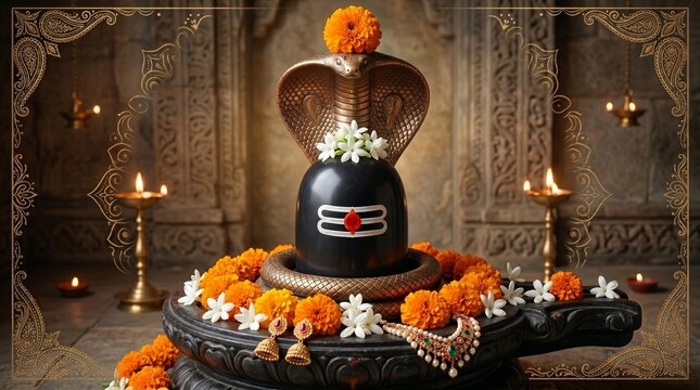 A high-quality, realistic photo of a sacred Shiva Lingam setup inside a peaceful temple inner sanctum. The Shiva Lingam is crafted from smooth, polished black stone, adorned with traditional white Tri