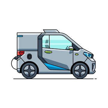 Modern electric microcar with charging cable, futuristic urban transport concept