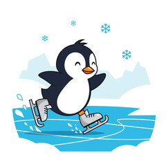 Obraz premium Cute Penguin Ice Skating with Snowflakes and Mountains - Cartoon Style