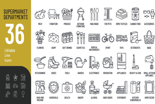 Set of 36 supermarket department line icons Vector, illustration