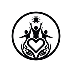 Obraz premium Community and wellness logo icon with people, heart, and sun