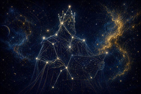Cepheus constellation as a crowned star king holding an astronomy chart.