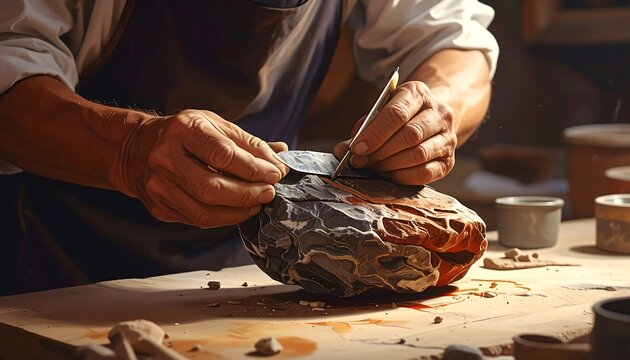 Close-up of a craftsman's hands carefully using a tool to work on a rock, in a workshop setting. The focus is on the intricate detail