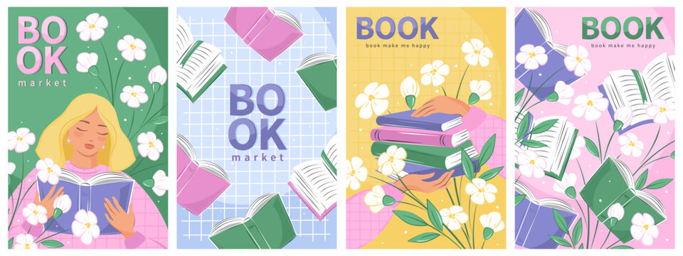 Set of posters for bookstore, library, sale in bookshop, market. Woman reading a book. Summer floral backgrounds. Vector illustration