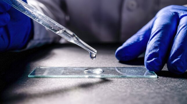 Scientist in blue gloves pipetting liquid onto a microscope slide for laboratory analysis.