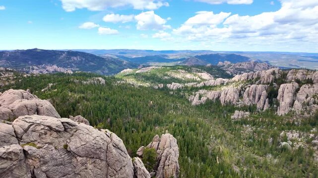 Scenic view of granite formations and pinnacles in Custer State Park from the Little Devils Tower trail area in South Dakota