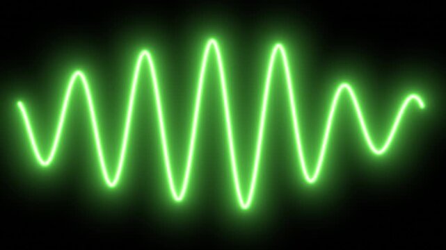 Animated glowing green wave oscillating seamlessly on a black background. A design element wave interference, frequencies, or energy for scientific and technological instrument panels