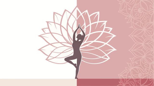 Woman doing tree pose yoga exercise in front of a stylized lotus flower decorative graphic background with meditation wellness illustration exercise spirituality mindfulness lifestyle training