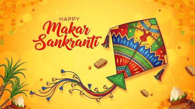 Colorful kite flying celebration on sandy beach during Makar Sankranti festival with traditional patterns