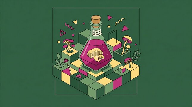Isometric fantasy potion illustration, a magical elixir bottle with a brain, surrounded by mushrooms and geometric shapes, perfect for gaming or science fiction concepts.