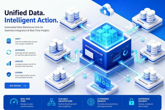 Modern isometric illustration of a centralized data warehouse hub connecting CRM systems, ERP platforms, cloud storage, data lakes, analytics tools, and third-party applications. Features automated ET