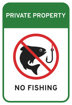 No fishing allowed private property warning sign. Red circle icon with fish and hook. Emblem with crossed fish silhouette and fishhook to mark forbidden type of recreation. Vector illustration