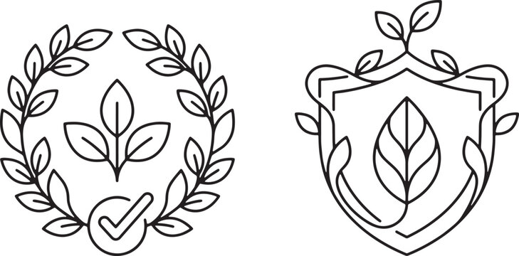 Art & Illustration, Natural wellness line icons featuring a leafy laurel wreath with a checkmark and a protective shield with a green leaf symbol for organic product certification and eco-friendly bra