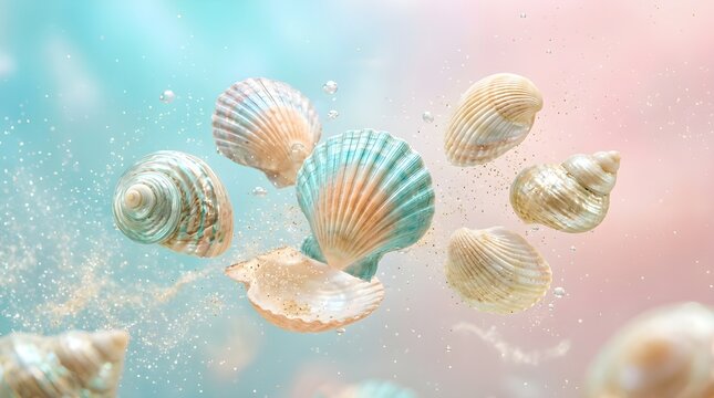 An underwater scene featuring a collection of seashells floating amongst shimmering particles of sand and light, evoking a sense of the ocean's beauty and tranquility