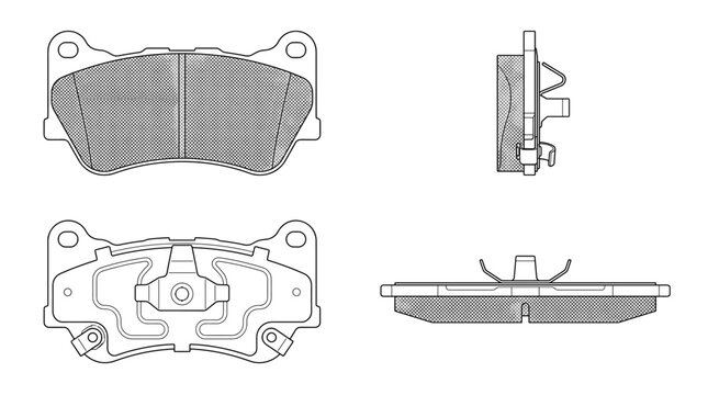 Brake pad automotive braking component technical drawing blueprint with front side back and sectional views CAD line art vector illustration