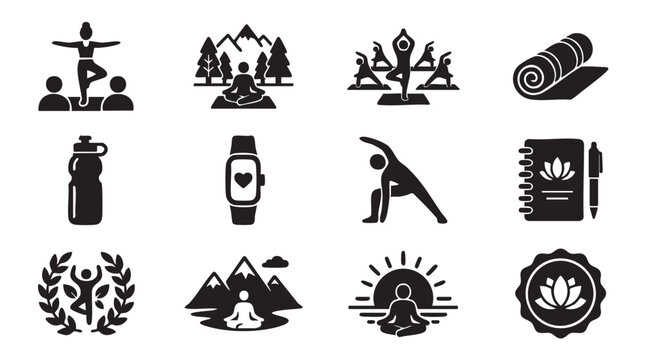 Yoga icons set with people meditating exercising and practicing wellness with nature fitness trackers and journals on white background