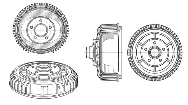 Brake drum automotive braking component technical drawing blueprint with front side back and sectional views CAD line art vector illustration