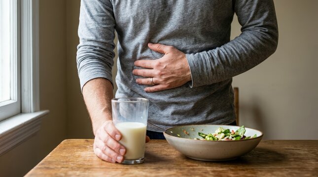 Man experiencing stomach pain after consuming milk, highlighting issues with lactose intolerance or digestive discomfort.