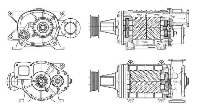 Supercharger automotive engine component technical drawing blueprint with front side back and sectional views CAD line art vector illustration