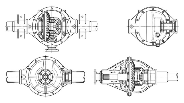 Differential automotive component technical drawing blueprint with front side back and sectional views CAD line art vector illustration